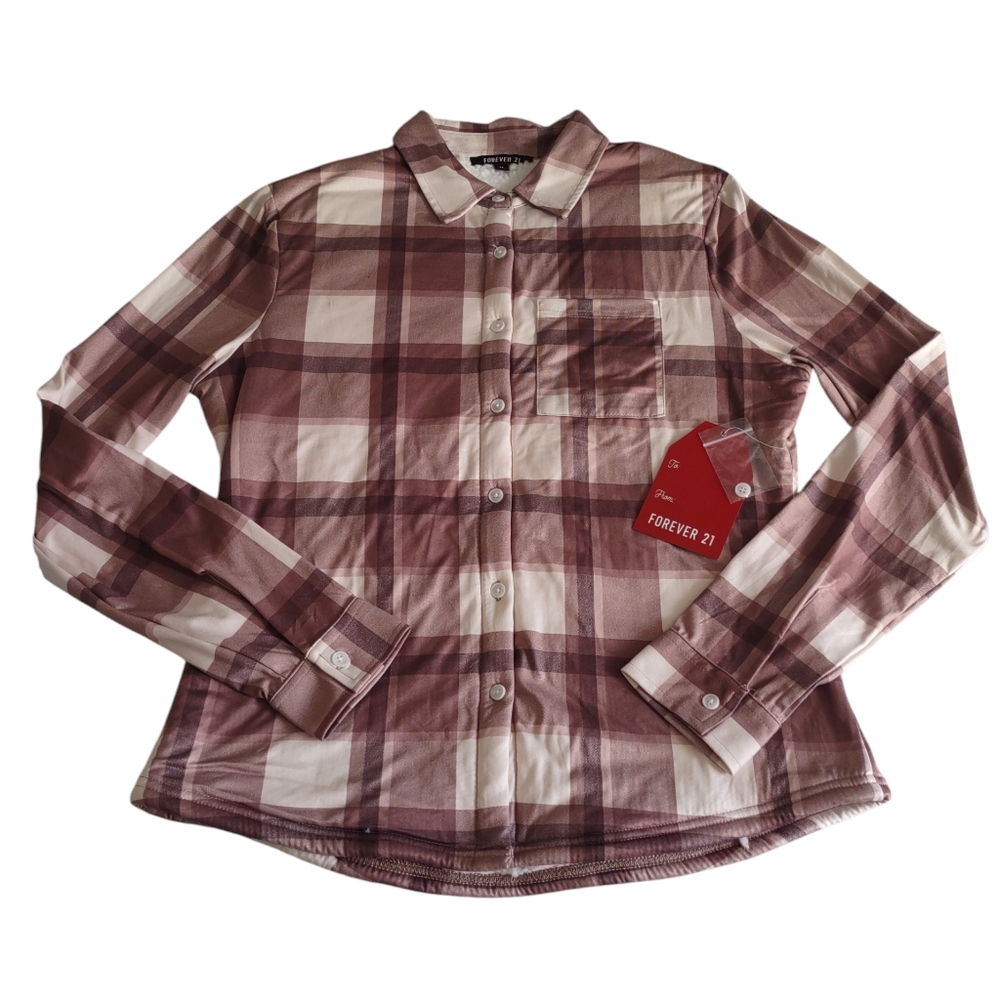NWT Forever 21 Size Medium Sherpa Lined Plaid Button Front Top